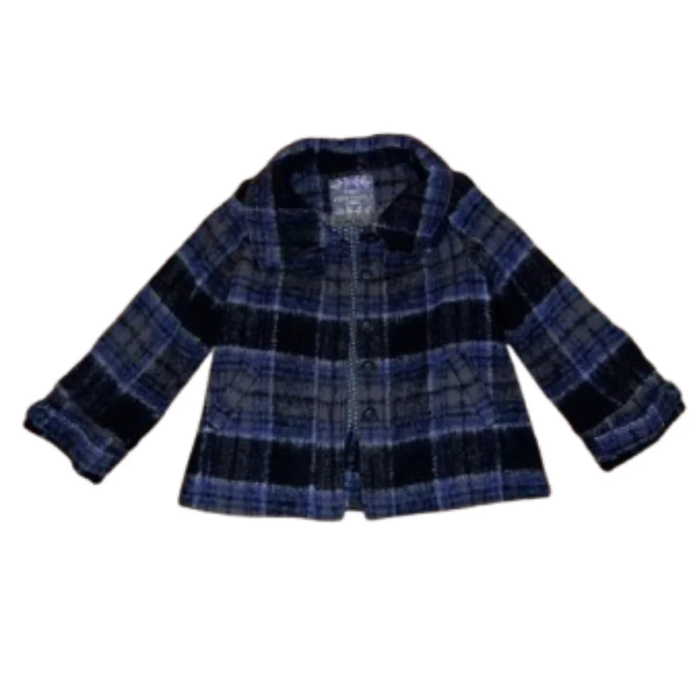 FREE PEOPLE Brushed Wool Fuzzy  Plaid Coat Blue Purple Medium